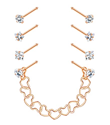 Kakonia 4 Paar Edelstahl Nasenpiercing Stecker Set mit Kette(3,8-5 cm), CZ Knochen Nasenstecker und Nasenloch Herzkette Gold Silber Roségold Schwarz Nasenpiercing Schmuck für Damen Herren von Kakonia