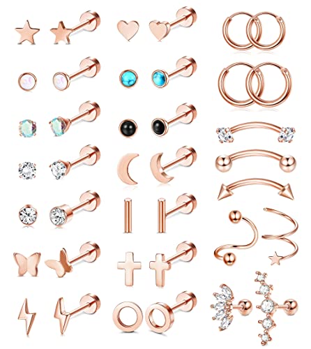 Kakonia 39 Stück Helix Piercings Edelstahl Piercing Ohr für Frauen Männer Knorpelohrringe Ohrstecker Kreuz Mond Stern Kleine Ohrstecker Hypoallergen Flache Rückseite Silber Ohrringe Ohrstecker von Kakonia