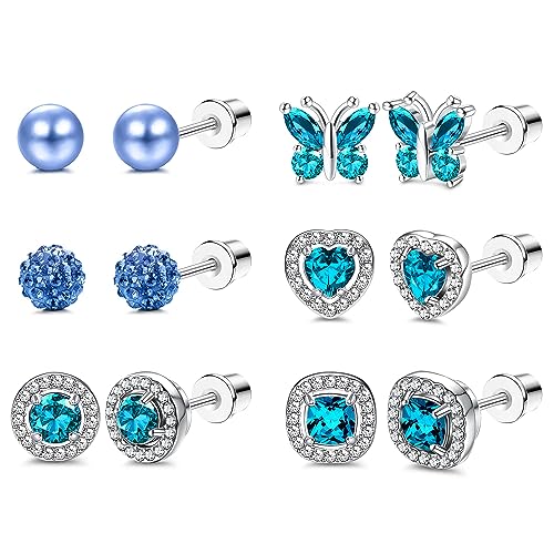 Kakonia 6Pairs Ohrstecker Ohrringe für Damen Hypoallergen 316L Edelstahl Birthstone Ohrringe Stud bunte CZ Herz Schmetterling Birthstone flache Rückseite Ohrringe Dec von Kakonia