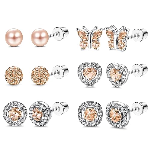 Kakonia 6Pairs Ohrstecker Ohrringe für Damen Hypoallergen 316L Edelstahl Birthstone Ohrringe Stud bunte CZ Herz Schmetterling Birthstone flache Rückseite Ohrringe Jun von Kakonia