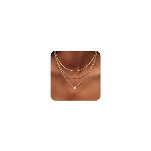 Kakonia Kette Damen – Layering Gold Halskette, 14K Goldkette mit CZ und Herz-Anhänger, Mehrreihig, Hypoallergen & Wasserfest – Verstellbarer Layering Schmuck für Frauen von Kakonia