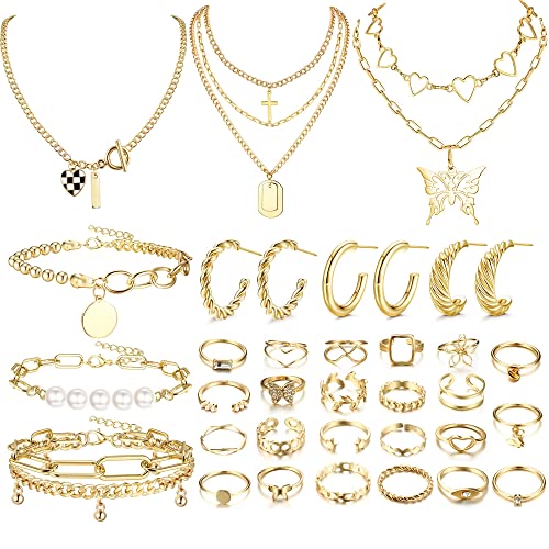 Kakonia Gold Schmuck Set für Frauen Männer Gold Hoop Ohrringe Gold Layered Halsketten Kette Armbänder Knöchel Ringe Goldschmuck Sets für Jahrestag Geburtstag Geschenk von Kakonia