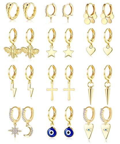 Kakonia 12 Paare Ohrringe Gold Set für Damen Ohrhänger Mädchen Biene/Türkisches Auge/Stern/Herz Ohrstecker Creolen Modeschmuck Geschenk von Kakonia