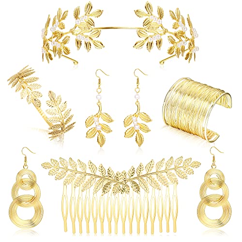 Kakonia 6PCS Griechische Göttin Kostüm Zubehör Set für Damen Goldene Römischer Lorbeerblätter Krone Diadem Haarkamm Manschette Oberarm Armbänder Swirl Ohrringe Hochzeit Braut Toga Party von Kakonia