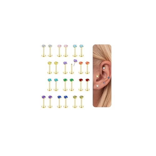 Kakonia Helix Piercings 20G Tragus Piercing Gold Silber Flatback Ohrstecker Piercing Ohr Chirurgenstahl Push In Ohrstecker Conch Medusa Lippenpiercing Set Nasenpiercing Stecker für Damen - Gold 5MM von Kakonia