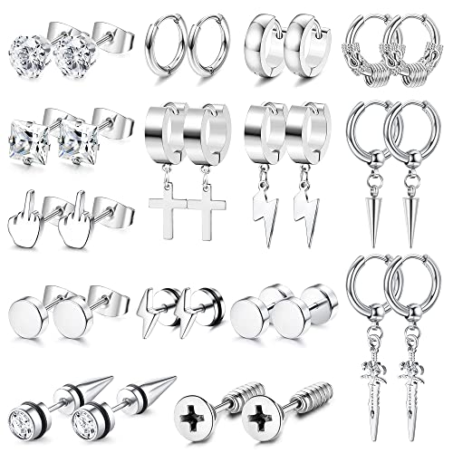 Kakonia 15Paare Ohrringe Herren Edelstahl Schwarz Silber Ohrringe Stecker Schraube Ohrstecker Punk Ohrhänger Set Kpop Fashion Earrings Schwarze Ohrringe für Herren Damen von Kakonia