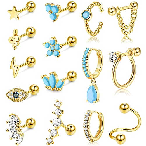 Kakonia 15 Stück Helix Piercings für Frauen Männer 20G Edelstahl Piercing Ohr Schmuck Pircingssets Ohr Tragus Piercing Knorpel Ohrringe Set Conch Ohrpiercing Ohrstecker Tragus Helix Piercing Ohr von Kakonia