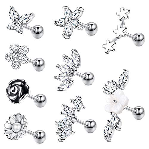 Kakonia 9stk Piercing Ohr für Damen 16G Edelstahl Knorpel Ohrstecker Tragus Helix Piercing Conch Piercing Ring Ohrringe Schmuck Silber von Kakonia