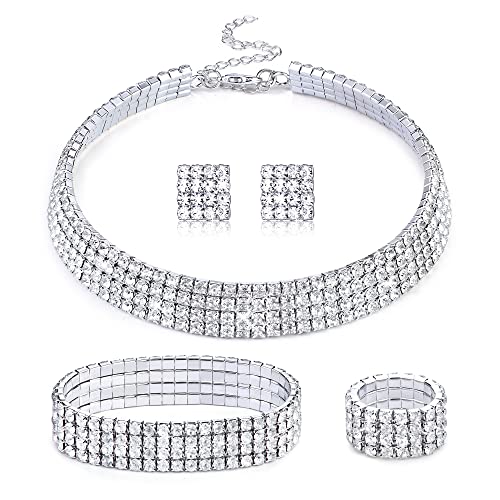 Kakonia Kristall Strass Schmuck Sets Strass Halsband Halskette Ohrringe Strass Stretch Armband Ring Hochzeit Schmuck 4 Reihen von Kakonia