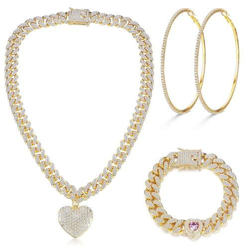 Kakonia Kubanische Gliederkette Schmuckset Kubanische Kette Halskette Kubanisches Gliederarmband Strass-Reifenohrringe Gold Iced Out Kette Herz CZ Big Circle Ohrringe Hip Hop für Frauen 50MM von Kakonia