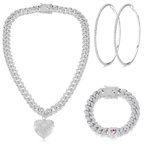 Kakonia Kubanische Gliederkette Schmuckset Kubanische Kette Halskette Kubanisches Gliederarmband Strass-Reifenohrringe Silber Iced Out Kette Herz CZ Big Circle Ohrringe Hip Hop für Frauen 45MM von Kakonia