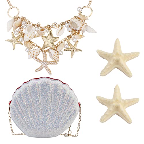 Kakonia Meerjungfrau Kostümzubehör für Damen Seestern Kunstperlen Kragen Lätzchen Statement klobige Halskette Seestern Haarspange Gold von Kakonia