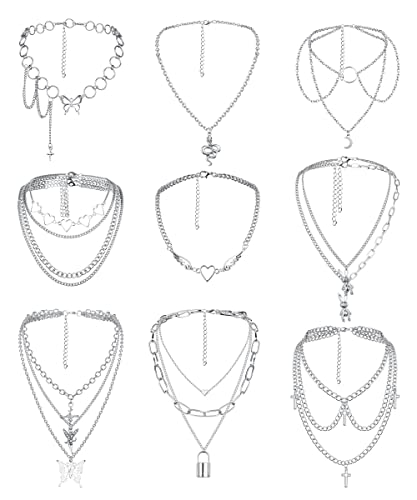 Kakonia Punk Layered Halsketten für Frauen Mädchen Männer Jungen Kreuz Herz Schloss Schmetterling Schlange Kaninchen Gothic Choker Halsketten Silber Chunky Kette Statement Ketten Y2K Emo Halskette Set von Kakonia