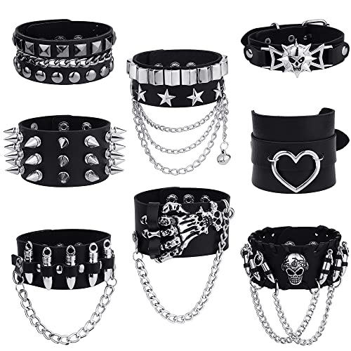 Kakonia Punk-Nieten-Armbänder für Männer und Frauen, schwarzes Gothic-Leder, Spike-Schädel, Handnieten, Kettenmanschetten, verstellbare Gothic-Emo-Armbänder, Armband-Zubehör von Kakonia