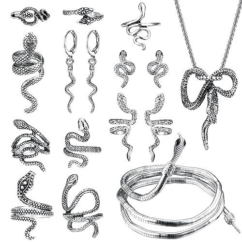 Kakonia Schlangen Schmuck Set für Damen Gothic Schlange Choker Halsketten Schlange Ohrringe Schlange Armbänder und Schlange stapelbar Ringe Set Medusa Schmuck für Halloween von Kakonia