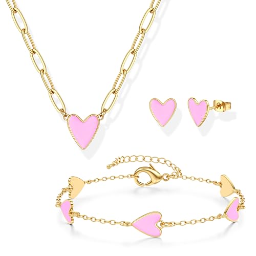 Kakonia Schmuck Set Damen Herz Schmucksets Für Damen,Gold Schmuck Set mit Herz Anhänger Kette Einstellbare Gold Armband Herz Herz Ohrringe Herz Schmuck Set Geschenk für Valentinstag - Heißrosa Herz von Kakonia