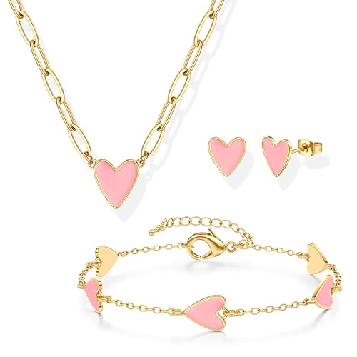 Kakonia Schmuck Set Damen Herz Schmucksets Für Damen,Gold Schmuck Set mit Herz Anhänger Kette Einstellbare Gold Armband Herz Herz Ohrringe Herz Schmuck Set Geschenk für Valentinstag - Rosa Herz von Kakonia
