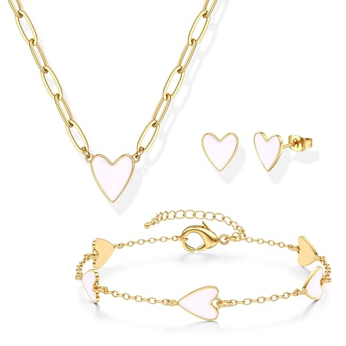 Kakonia Schmuck Set Damen Herz Schmucksets Für Damen,Gold Schmuck Set mit Herz Anhänger Kette Einstellbare Gold Armband Herz Herz Ohrringe Herz Schmuck Set Geschenk für Valentinstag - Weißes Herz Kakonia Schmuck Set Damen Herz Schmucksets Für Damen,Gold Schmuck Set mit Herz Anhänger Kette Einstellbare Gold Armband Herz Herz Ohrringe Herz Schmuck Set Geschenk für Valentinstag - Weißes Herz von Kakonia