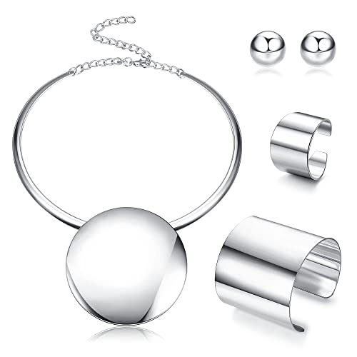 Kakonia Statement Chunky Schmuck Set Choker Ohrringe Armband Ring Silber Runde Anhänger Halskette Nigerian Kostüm Partei Afrikanischer Schmuck Zubehör für Frauen und Mädchen von Kakonia