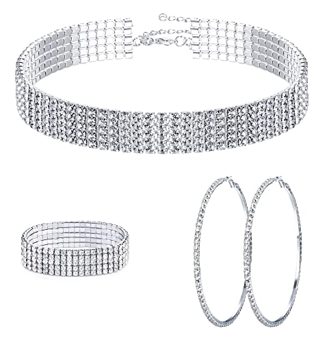 Kakonia Strass Choker Halskette Armband Hoop Ohrringe für Frauen Bling Strass-Schmuck-Set für Hochzeit Braut Party von Kakonia