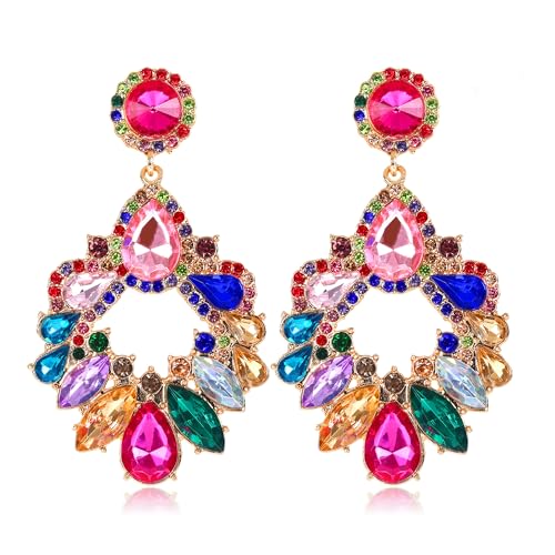 Kakonia Ohrringe Strass Rechteckig für Damen Statement Geometrische Tropfen Ohrringe Marquise Hängend Großes Retro Vintage Rosa Bunt Boho Ohrringe Schmuck Set für Damen von Kakonia