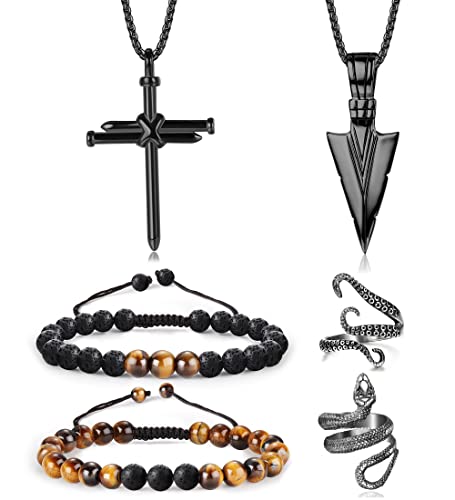 Kakonia Wikinger Halskette Armbänder Ringe Schmuck Set für Herren Amulett Schmuck Tigerauge Armbänder Wolf Anhänger Mjölnir Halskette Wikinger Herren Geschenk Schmuck von Kakonia