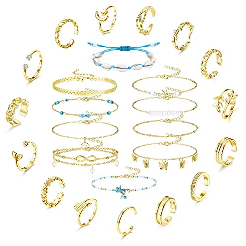 Kakonia 25 Stück Zehenringe und Knöchel Armbänder für Frauen Damen Offen Verstellbare Zehenringe Schale/Schmetterling/Perle/Seestern Fußkettchen für Sommer Strand Fußschmuck von Kakonia