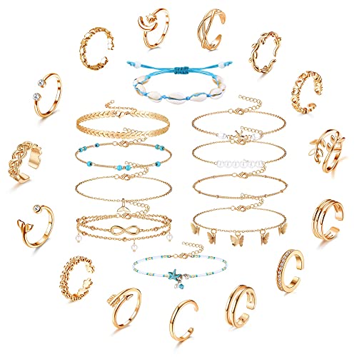 Kakonia 25 Stück Zehenringe und Knöchel Armbänder für Frauen Damen Offen Verstellbare Zehenringe Schale/Schmetterling/Perle/Seestern Fußkettchen für Sommer Strand Fußschmuck von Kakonia