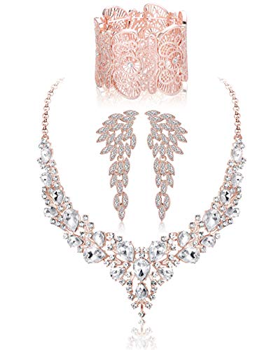 Kakonia Kristall Braut Hochzeit Schmuck Set für Frauen Strass Halskette Ohrringe Armband Brautjungfer Braut Zubehör Schmuck Roségold von Kakonia