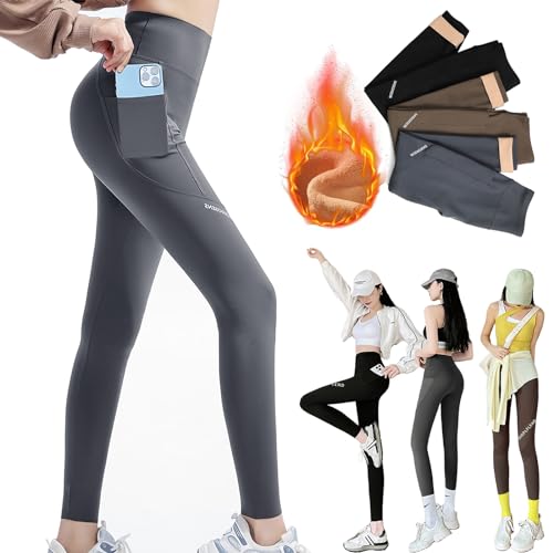 Kakveiai Thermo Leggings Damen Winter, Mit Taschen Gefütterte Thermoleggins aus Baumwolle, Winter High Waist Fleece Warme Leggins, Blickdicht Schwarz Sport Thermounterwäsche Laufhose von Kakveiai