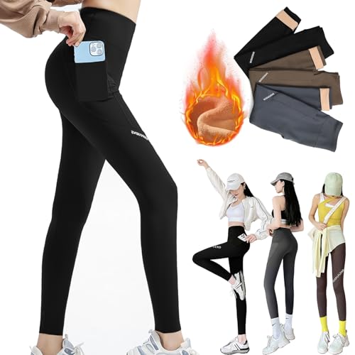 Kakveiai Thermo Leggings Damen Winter, Mit Taschen Gefütterte Thermoleggins aus Baumwolle, Winter High Waist Fleece Warme Leggins, Blickdicht Schwarz Sport Thermounterwäsche Laufhose von Kakveiai