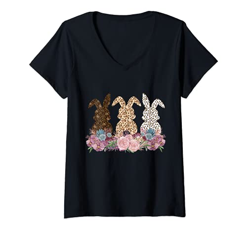 Damen Lustige Kaninchen Hase Häschen Mit Blumen Leopard Ostern T-Shirt mit V-Ausschnitt von Kala Häschen Kaninchen Ostern Designs