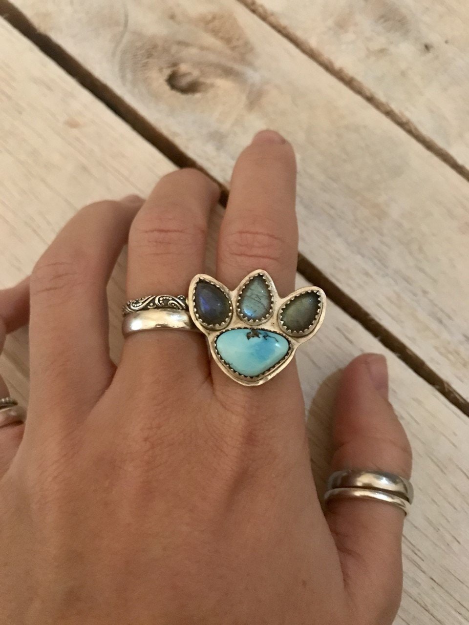 Tier Liebhaber Ring, Türkis Und Labradorit 925 Sterling Silber Edelstein Katze Hund Pfotenabdruck Geschenk, Handgemacht von KalahJewellery