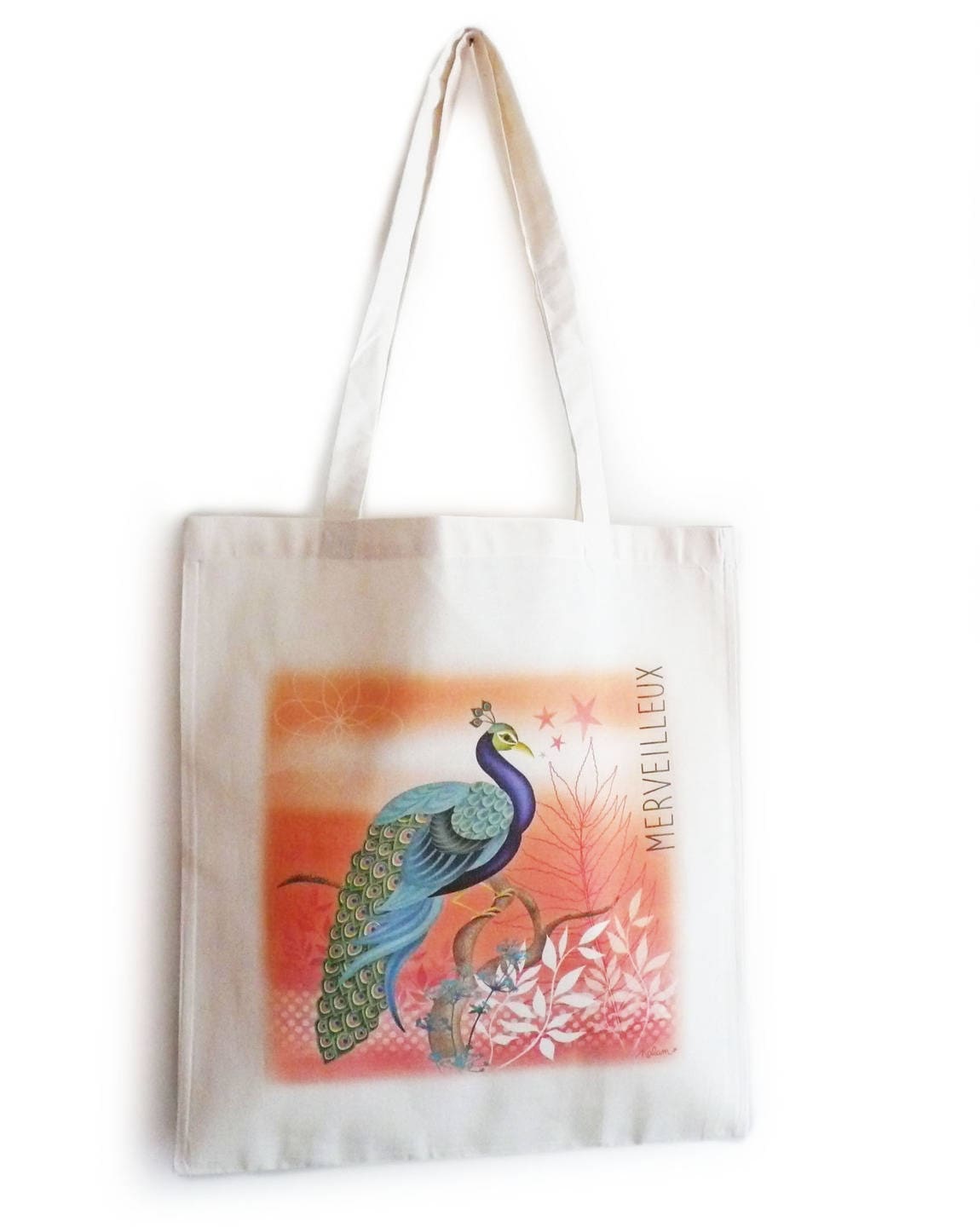 Pfauen-Bio-Baumwolltasche, Orange Einkaufstasche Pfauen-Bio-Baumwolltasche, Orange Einkaufstasche von Kalamillustrations