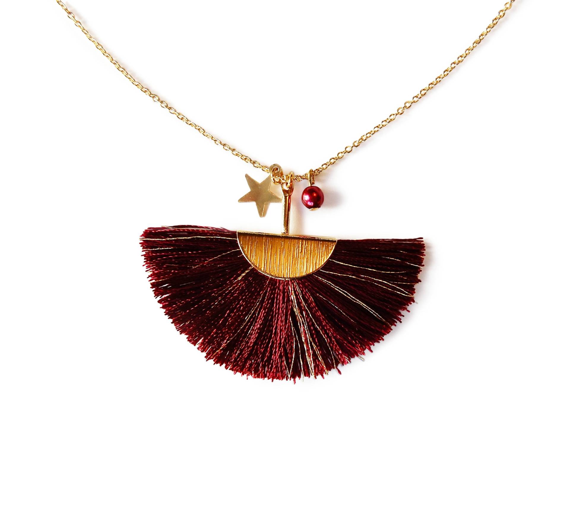 Vergoldete Halskette Mit Rot-Goldener Halbmondquaste Vergoldete Halskette Mit Rot-Goldener Halbmondquaste von Kalamillustrations