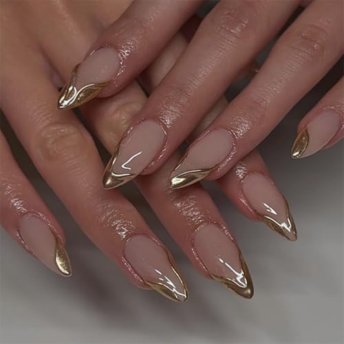 KaleidNail Mandel Nägel Zum Glitzer Aufkleben Falsche Nägel Vollständige Abdeckung Kunstdesign 24 Stück Nude-Farbverlauf Transluzent Silberner Tipp für Frauen und Mädchen von KaleidNail