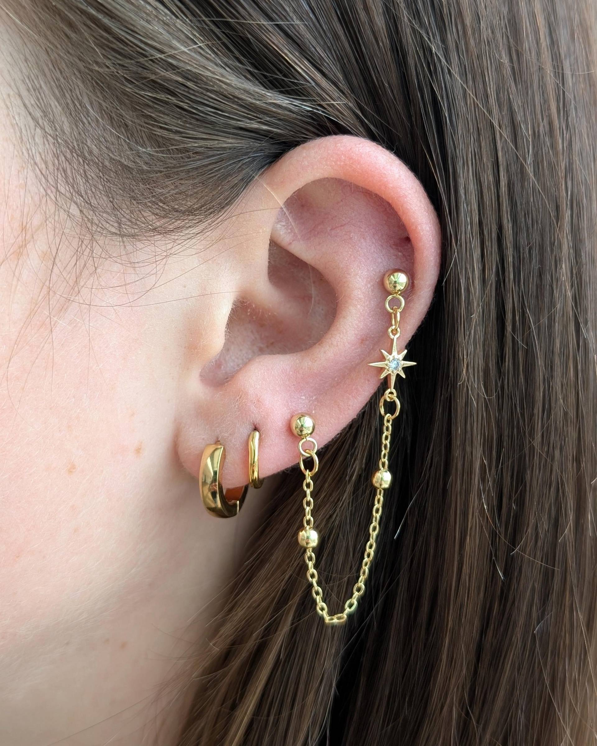 Winziger Stern Cubic Zirkonia Gold Doppel Ketten Ohrrring Auf Vergoldetem Ball Stud von KaleidoscopebyAmyLou