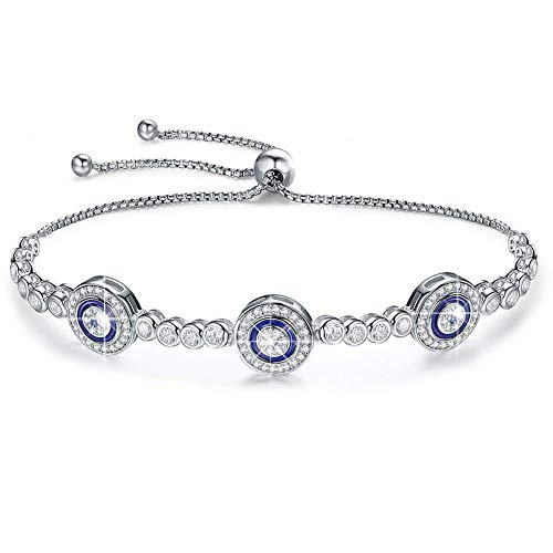 Kaletine Böse Auge Hamsa Armband Blau Sterling Silber 925 Weiß Zirkonia Armkette 25cm/10 Zoll Kastenkette von Kaletine