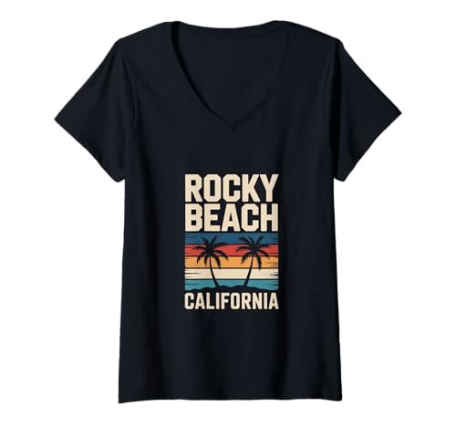 Damen Rocky Beach California Sonnenuntergang Palme T-Shirt mit V-Ausschnitt Damen Rocky Beach California Sonnenuntergang Palme T-Shirt mit V-Ausschnitt von Kalifornien Strand Sonnenuntergang Rocky Beach