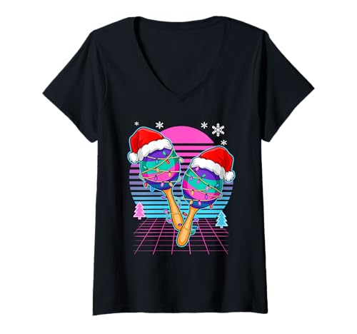 Damen Weihnachten Synthwave Maracas T-Shirt mit V-Ausschnitt Damen Weihnachten Synthwave Maracas T-Shirt mit V-Ausschnitt von Kalimba Instrument Gifts
