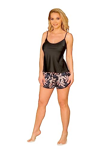 KALIMO Damen Jawa Zweiteiliger Set Pyjama | Farbe: Schwarz | Größe: XXL | Satin | Nachtwäsche | Nachthemd | Trägerloses T-Shirt | Negligee | Sexy Pyjamas | Kurze Shorts mit Blumenmuster von Kalimo