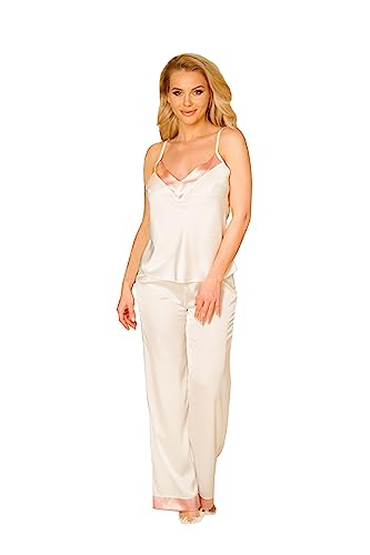 KALIMO Pyjama Sula | Romantischer Dreiteiliger Damen Schlafanzug | Nachtwäsche | Farbe: Ecru | Größe: L | Material: Satin von Kalimo