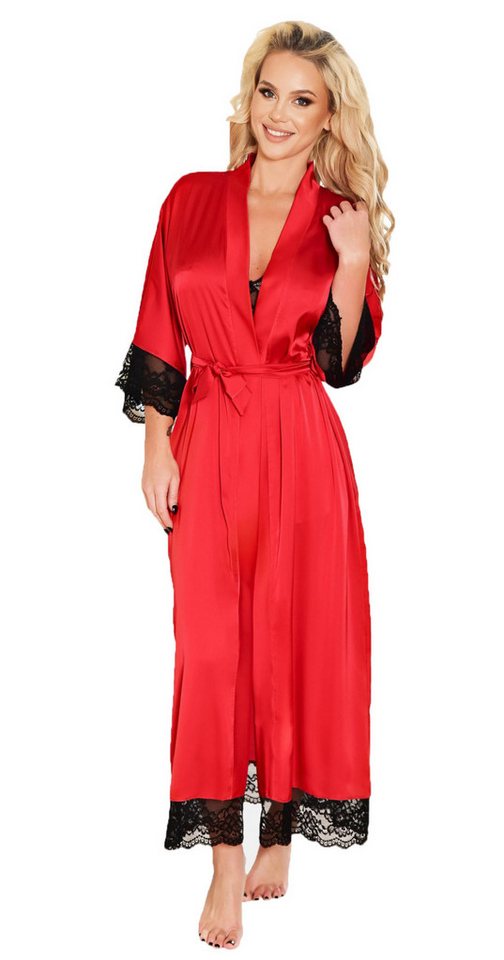 Kalimo Babydollkleid Rot/schwarzer Damen Morgenmantel aus Satin Material und Spitze blickdi von Kalimo