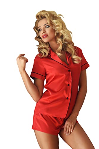 Kalimo Damen Imperia Zweiteiliger Set Pyjama | Farbe: Rot | Größe: XL | Satin | Aufgeknöpftes Nachthemd | Schlafanzug mit Knöpfen | Nachthemd Nachtwäsche | Glänzende Kurzärmeliges Hemd Kurze Shorts von Kalimo