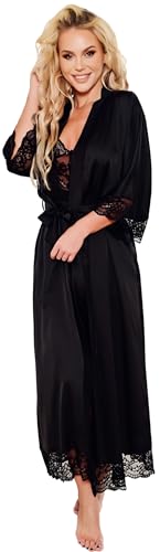 Kalimo Damen Satin Badenmantel Sumatra | Morgenmantel | Farbe: Schwarz | Größe: L | Material: Satin | Spitzenbesatz | Satin-Outfit | Nachthemd von Kalimo