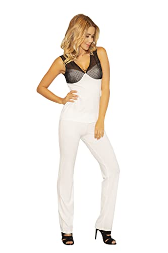 Kalimo Damen Satin Zweiteilig Set Rhodes | Farbe: Ecru | Größe: L | Material: Polyester, Elasthan | Zweiteiler Hosenanzug Pijama Kleidung Bluse mit Spitzenausschnitt + Hose | Satin-Outfit von Kalimo