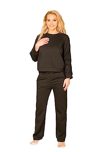 Kalimo Damenbluse Antao | Baumwollebluse | Farbe: Schwarz | Größe: S | Baumwolle | Sweatshirt Ärmel mit Spitze verziert | Rundhalsausschnitt | Rundhals Pullover Damen Langarmshirt von Kalimo