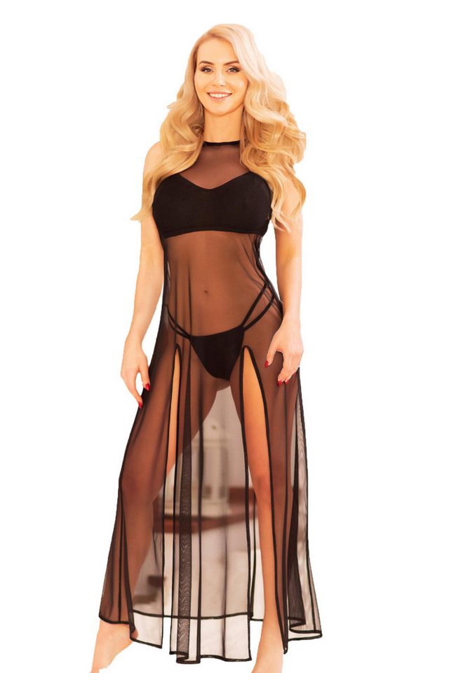 Kalimo Negligé Schwarzes Damen Dessous Nachtkleid mit String aus Netzmaterial brustbe von Kalimo