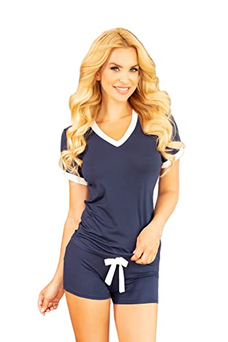 KALIMO Damen Aride Zweiteiliger Pyjama | Farbe: Marineblau | Größe: L | Material: Viskose, Elasthan | Kurzarmbluse | Shorts | Gestreifte Abschlüsse | Schlafanzug, Pyjama-Set, Nachthemd, Nachtwäsche von Kalimo