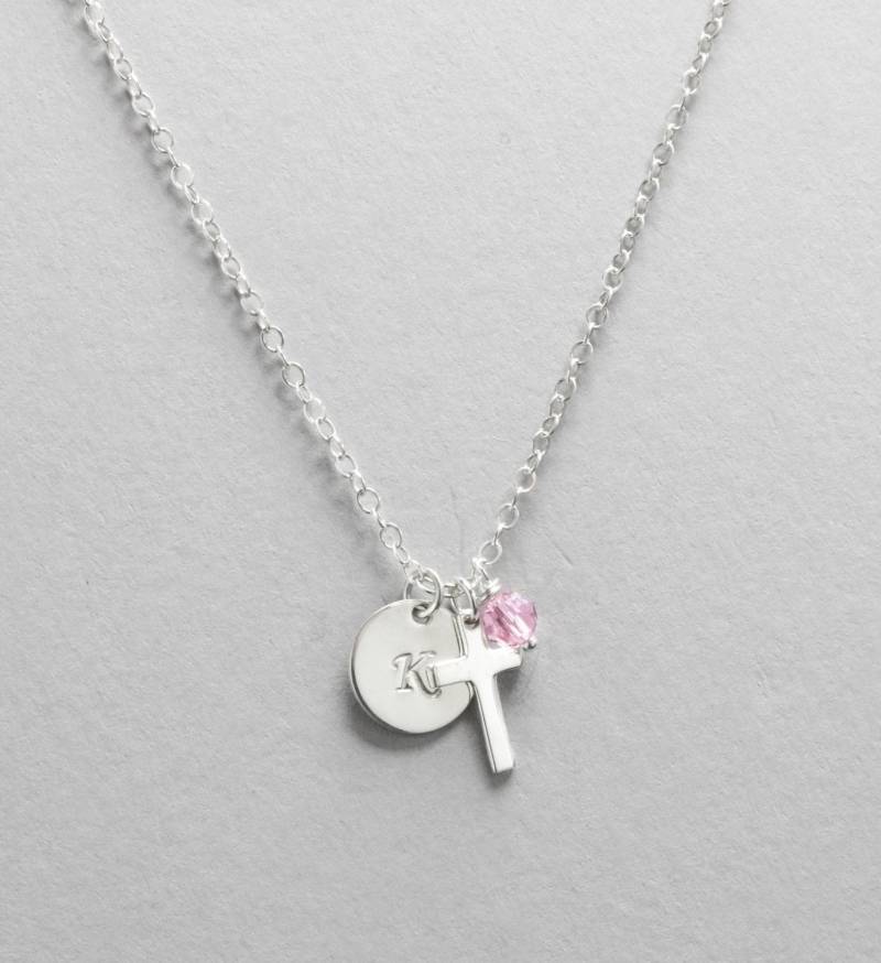 Geschenk Für Patentochter, Heilige Taufe Konfirmation Erstkommunion Schmuck, Sterling Silber Swarovski Kristall Geburtsstein Und Gravierte Initiale von KallenDesign